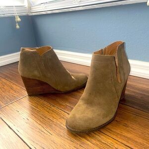 Olive taupe suede leather booties ankle boots heels